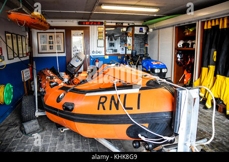 RNLI Lifeboat in the harbour station at Port Isaac, Cornwall, England Stock Photo