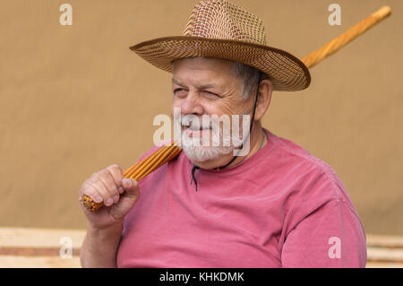 Nice portrait of bearded senior man in straw hat sitting against clay wall and holding wicker walking stick on a shoulder Stock Photo