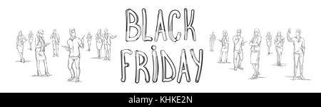 Black Friday Poster With Sketch People Group Silhouette Horizontal Banner Stock Vector