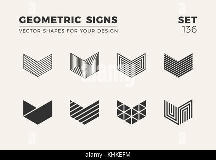 Set of eight minimalistic trendy shapes. Stylish vector logo emblems for Your design. Simple creative geometric signs collection. Stock Vector