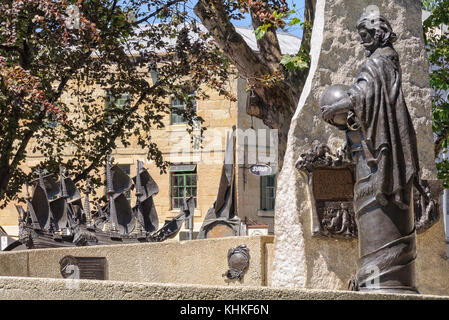 The Tasman Monument with a statue of Abel Tasman at Salamanca Place - Hobart, Tasmania, Australia Stock Photo