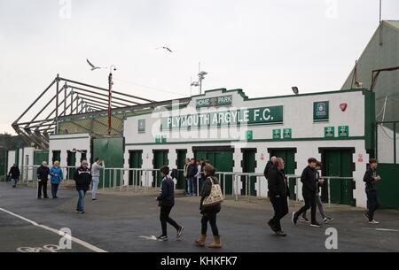 Fans arrive for the Sky Bet League 2 match between Plymouth Argyle and Crawley Town at Home Park in Plymouth. December 31, 2016. James Boardman / Telephoto Images +44 7967 642437 Stock Photo