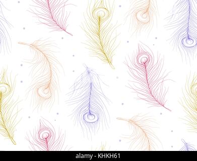 Pavonine Feather peacock, peafowl bird seamless colorful pattern, pink orange purple yellow linear and polka dot texture in boho style for wallpaper t Stock Vector