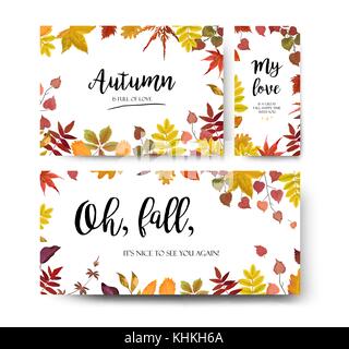 Vector floral watercolor style card design Autumn season border frame set: colorful orange yellow burgundy red fall tree leaf, branch.  Postcard, part Stock Vector