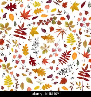 Seamless Autumn pattern Vector floral watercolor style design: orange, yellow, brown red fall forest rowan, birch, oak tree leaves and herbs. Wallpape Stock Vector