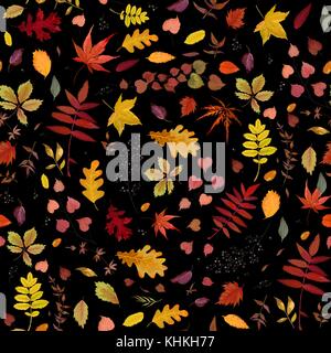 Seamless Autumn pattern Vector floral watercolor style design: orange, yellow brown red fall rowan, oak tree leaves & berries. Wallpaper beautiful, cu Stock Vector