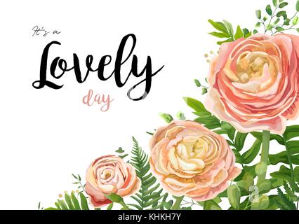 Vector floral watercolor card design: pink peach rose Ranunculus flowers Eucalyptus greenery, fern leaf natural corner frame border. Vector decorative Stock Vector