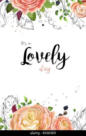 Vector floral watercolor card design: pink peach rose Ranunculus flowers Eucalyptus greenery, fern leaves & linear hand drawn graphic feathers frame b Stock Vector