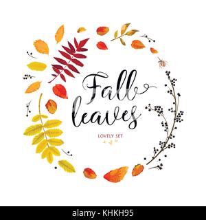 Vector floral watercolor style card design Autumn season round wreath: orange, yellow brown red fall leaves herbs, forest rowan oak tree branches Gree Stock Vector