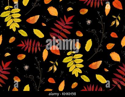 Vector Seamless patten background in watercolor style Autumn fall season colorful orange yellow, red fall leaves of forest maple, oak rowan tree. Bota Stock Vector