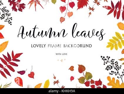 Vector floral watercolor style card design Autumn border, frame: colorful orange yellow brown red fall leaves berries, forest maple, oak tree branches Stock Vector