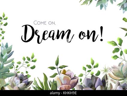 Vector floral card design: Succulent flower plant watercolor hand drawn elegant border. Vector romantic art of greenery eucalyptus green leaf illustra Stock Vector