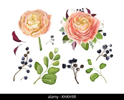 Vector floral big element set: pink peach ranunculus flower bouquet blue berry branch, forest fern, tree fall leaves art foliage objects in watercolor Stock Vector