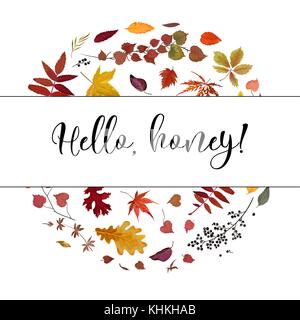Vector floral watercolor style card design Autumn: colorful fall various orange yellow brown red leaves forest tree natural branches round wreath Gree Stock Vector