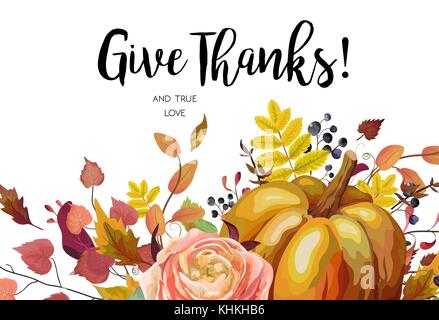 Happy Thanksgiving Vector floral watercolor style hand drawn Greeting card design: Autumn season Pumpkin pink ranunculus flower cute colorful natural  Stock Vector