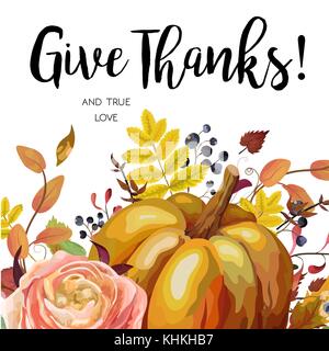 Happy Thanksgiving Vector floral watercolor style hand drawn Greeting card design: Autumn season orange Pumpkin pink ranunculus flower colorful natura Stock Vector