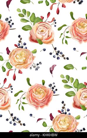 Vector Seamless floral pattern of pink rose ranunculus flowers, greenery fern leaf, blue berry.  Hand drawn background in watercolor style. Botanical, Stock Vector