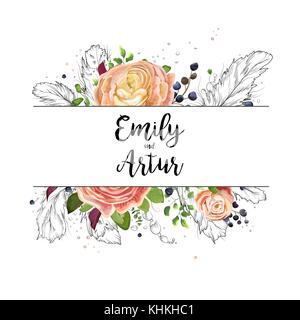 Wedding watercolor boho invitation card design: pink floral garden rose Ranunculus flower green leaf, hand drawn line feathers & bead. Bohemian border Stock Vector