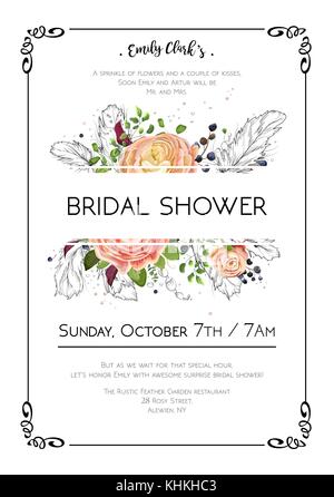 Bridal shower vector boho art wedding watercolor Invitation card design with light pink floral garden rose Ranunculus flowers fern green leaf, hand dr Stock Vector