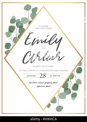 Vector floral design card with watercolor eucalyptus tree green leaves branch plant greenery. Natural botanical Greeting wedding invitation invite. Ge Stock Vector