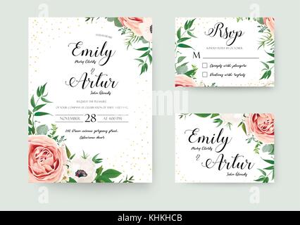 Wedding vector floral invite invitation thank you, rsvp card watercolor design set: garden flower pink peach Rose white Anemone green leaves elegant g Stock Vector