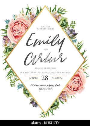 Vector floral design card: watercolor pink peach garden Rose green leaves succulent plant greenery. Natural botanical Greeting wedding invitation, inv Stock Vector