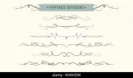 Vector hand drawn flourishes, dividers, graphic lovely design element set. Cute vintage borders. Wedding invitation cards, page decoration. Calligraph Stock Vector
