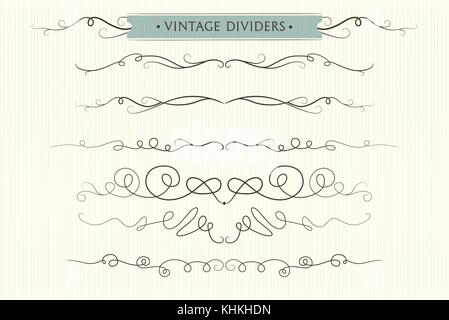 Vector hand drawn flourishes, dividers, graphic lovely design element set. Cute vintage borders. Wedding invitation cards, page decoration. Calligraph Stock Vector