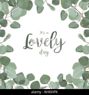 Vector floral card design: Eucalyptus silver dollar greenery foliage natural tropical branch leaf frame in watercolor. Vector square elegance decorati Stock Vector