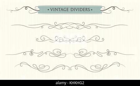 Vector hand drawn flourishes, text divider, graphic design element set. Designer art vintage border Wedding invitation card page decoration. Calligrap Stock Vector