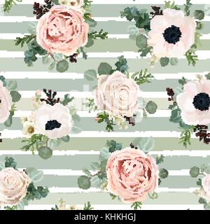 Seamless pattern Vector floral watercolor design: garden powder white pink Anemone flower silver Eucalyptus green thyme herb wax greenery leaves berry Stock Vector