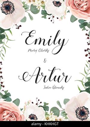 Floral Wedding Invitation, invite elegant card vector Design: garden flower antique moody peach Rose white wax, Anemone green blue Eucalyptus delicate Stock Vector