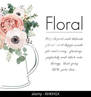 Floral elegant card vector Design: peach Rose flower white wax, Anemone green blue Eucalyptus delicate greenery berry bouquet in linear hand drawn ket Stock Vector