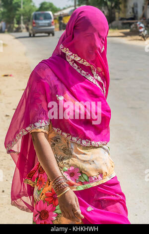 Indian woman covered with fuchsia veil, Rajasthan, India Stock Photo