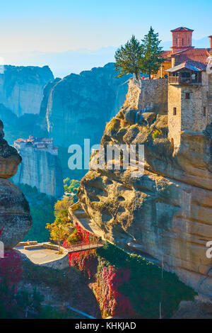 The Varlaam monastery on the top of rock in Meteora in the morning, Greece Stock Photo