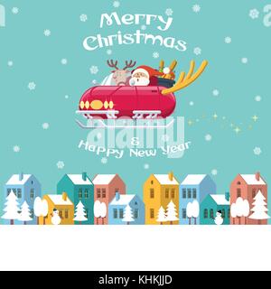 Santa Claus and Rudolph the red nose reindeer driving a shiny sleigh car with deer horns flying over a winter town with colorful buildings, trees, sno Stock Vector