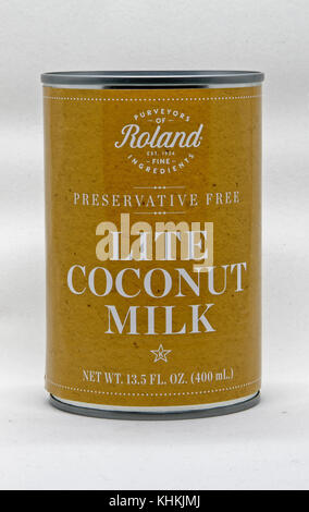 Can of Lite Coconut Milk against white background. Stock Photo