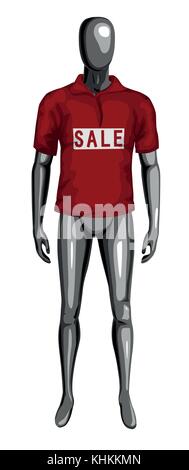 Man 3d monochrome dummy dressed in red sale t-shirt. Standing front view male mannequin. Human body in full length vector creative art illustration is Stock Vector