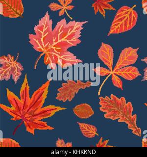 Vector Seamless Autumn fall season patten background floral watercolor style with colorful falling red orange  leaves of forest maple, chestnut tree.  Stock Vector