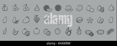 Outline black linear web icon set - Fruit & berries Thin bold Line food Icons For logo, label cherry, mango fig watermelon papaya pomergranate litchi, Stock Vector