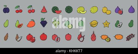 Outline flat color web icon set - Fruit & berries Thin bold Line food Icons For logo, label cherry, mango fig watermelon papaya pomergranate litchi av Stock Vector