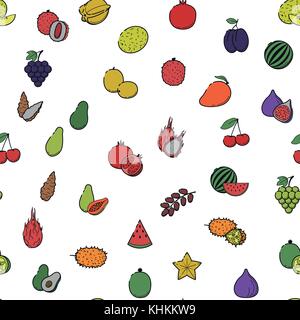 Seamless pattern texture fabric cute print: Outline flat color icon set - Fruit & berries Line food Icons cherry, mango fig watermelon papaya avocado  Stock Vector