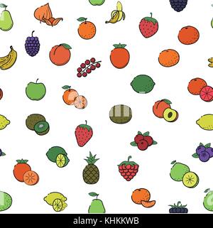 Seamless pattern texture fabric cute print: Outline flat color icon - Fruit & berries Line food print Orange banana pineapple apple, banana, kiwi, pea Stock Vector