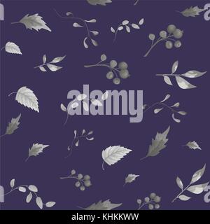 Seamless pattern of Autumn ,fall leaves, berries foliage natural branches, purple herbs, hand drawn in watercolor. Vector beauty, elegant background,  Stock Vector