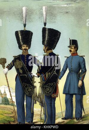 A color lithograph of three men in military uniform, all three men depicted are Drum Majors, the two men on the left are posed in such a way that both the front and back of their formal uniform is on display, they wear embroidered sashes and carry maces, they also have tall fur covered hats and their jackets have long tails edged in red material, the man on the right wears the daily wear uniform which consists of plain pants and a jacket with epaulettes, his hat is a tall, but plain black, 1851. From the New York Public Library. Stock Photo