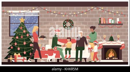 People celebrating Christmas together at home: traditional family with kids eating sweets next to the fireplace and decorated Christmas tree Stock Vector