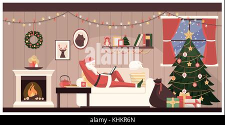 Santa Claus relaxing on the sofa at home and connecting with a laptop on Christmas eve, his sack with gifts is ready Stock Vector