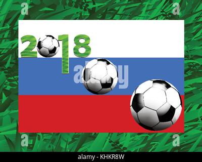 Football Soccer World Cup 2018 with Russian Flag Balls and Decorated Date Over Green Grass Background Stock Vector