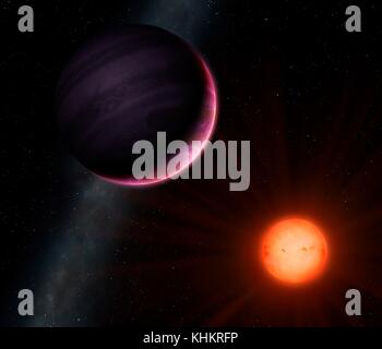 Red dwarf NGTS-1 and its gas giant planet, illustration. NGTS (Next-Generation Transit Survey) is located in the Atacama desert in Chile, with a primary aim to locate extrasolar planets with masses and sizes between those of Earth and Neptune. One of the discoveries is NGTS-1, a red dwarf star about half the diameter of the Sun. It has been found to host a planet almost one-quarter of its size, which makes it the largest known planet in relation to its star. This image shows the planet, a gas giant, and its red dwarf parent star. Stock Photo