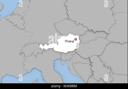 Abstract 3d render of map of Austria highlighted in white color and location of the capital Viena marked with red pin Stock Photo